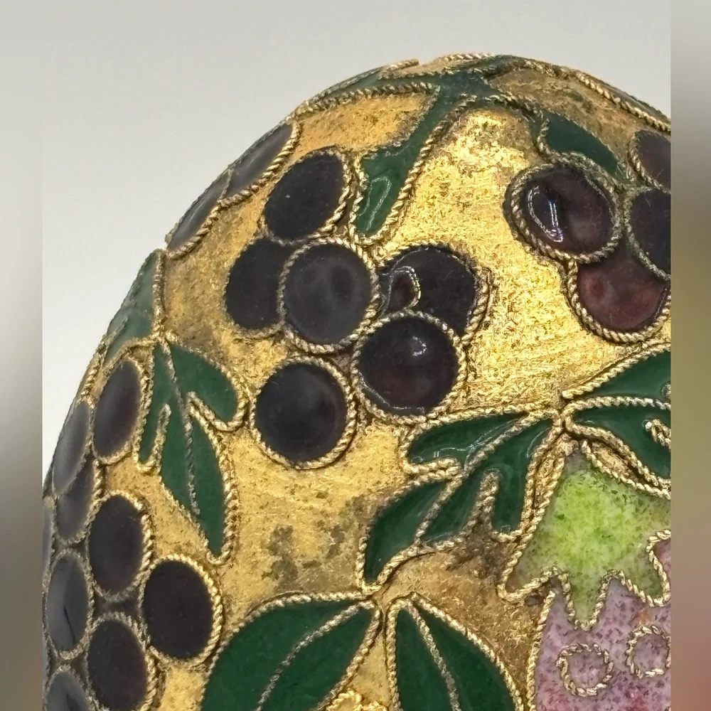 Chinese Enamel Cloisonne Egg With Stand Raised Fruit Design 4”x3”Vintage Gold